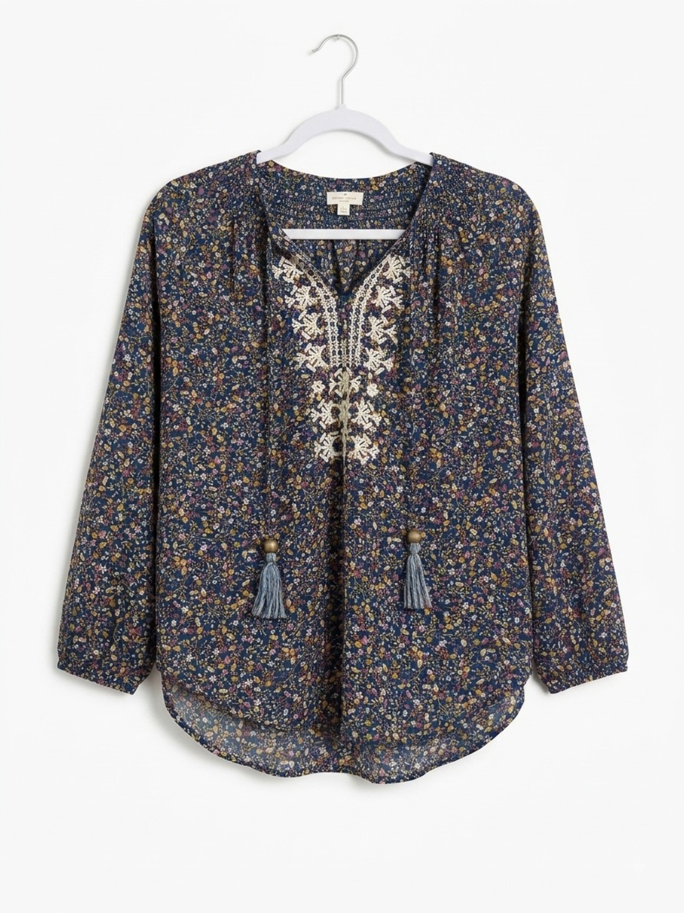 Navy Floral Boho Embroidered Blouse